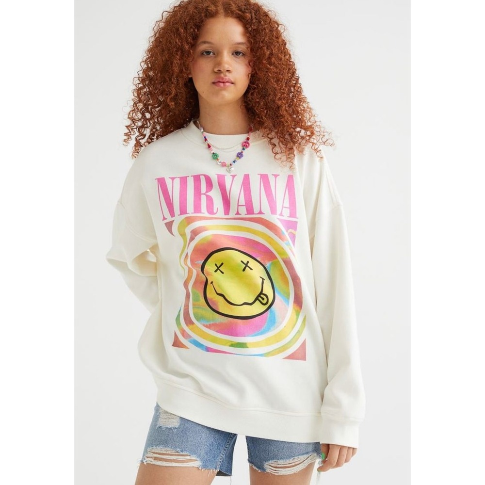 H&M Divided Nirvana Smiley Face Graphic Sweatshirt White Pink XS